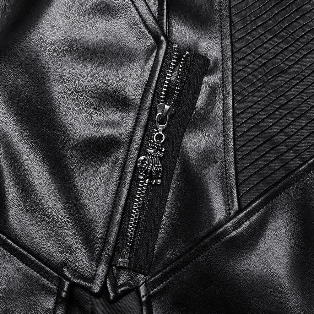 Close-up of edgy PU leather coat zipper showcasing punk style and structured design elements.