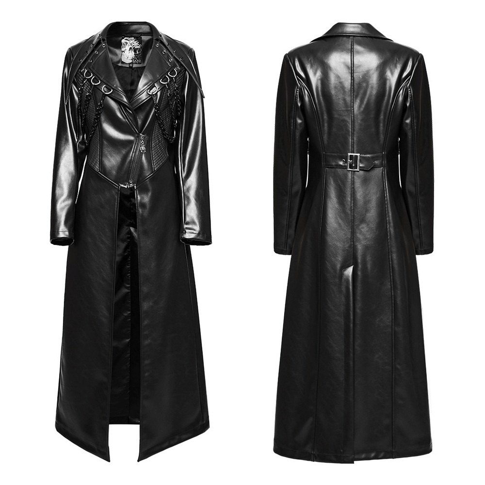 Edgy PU leather long coat with D-buckles and chains, featuring a bold punk aesthetic and exaggerated lapel design.