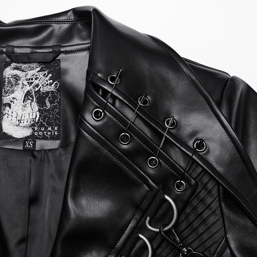 Close-up of the edgy PU leather coat featuring intricate D-buckle details and punk gothic design.