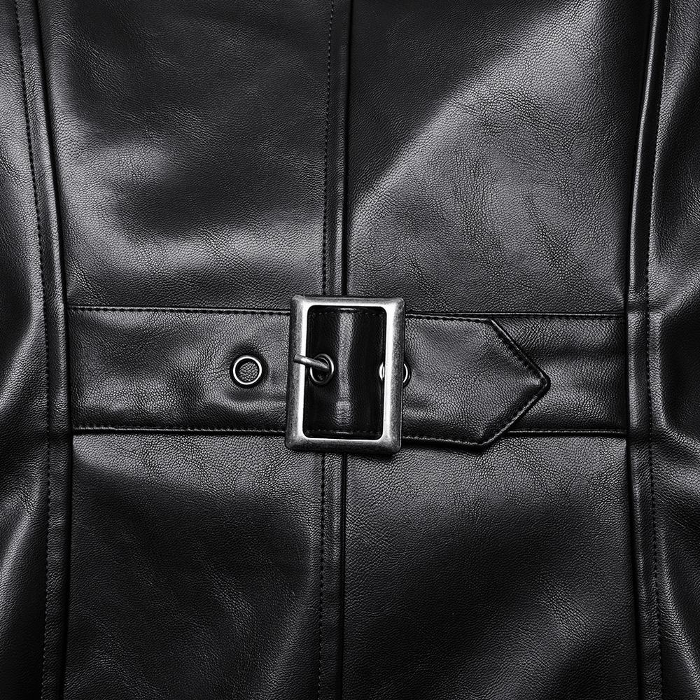 Close-up of the edgy PU leather coat showing a metallic buckle and stylish stitching details.