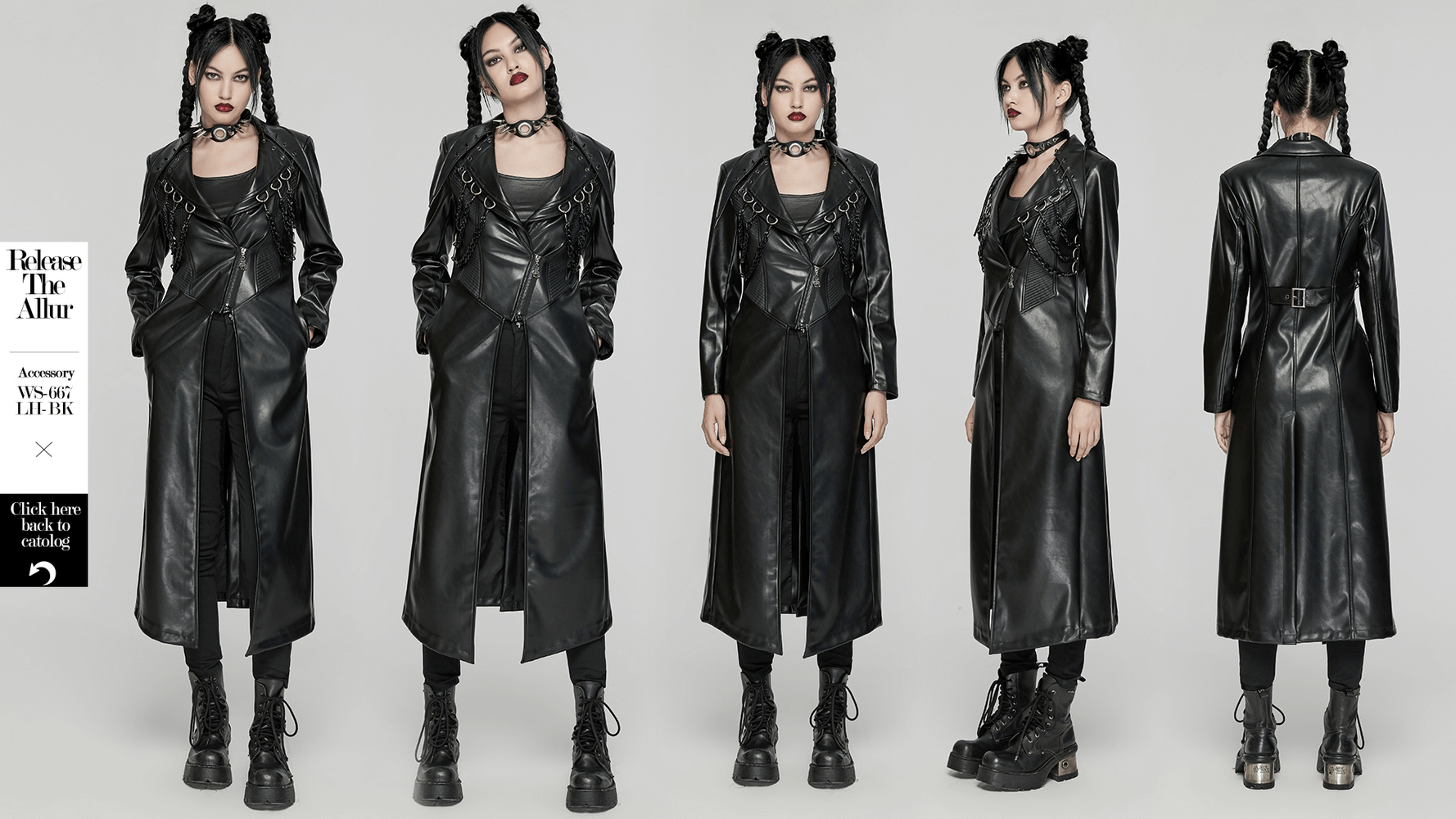 Edgy punk PU leather long coat with chains and buckles showcased from multiple angles.