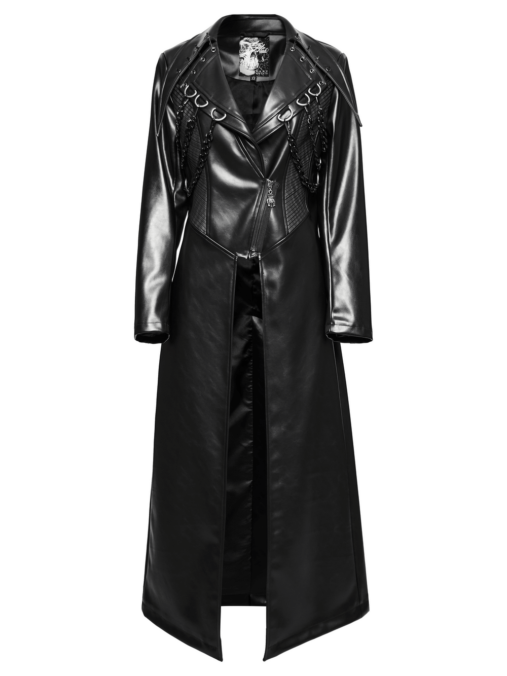 Edgy PU leather long coat with chains and D-buckles, showcasing a bold punk style and sleek silhouette.