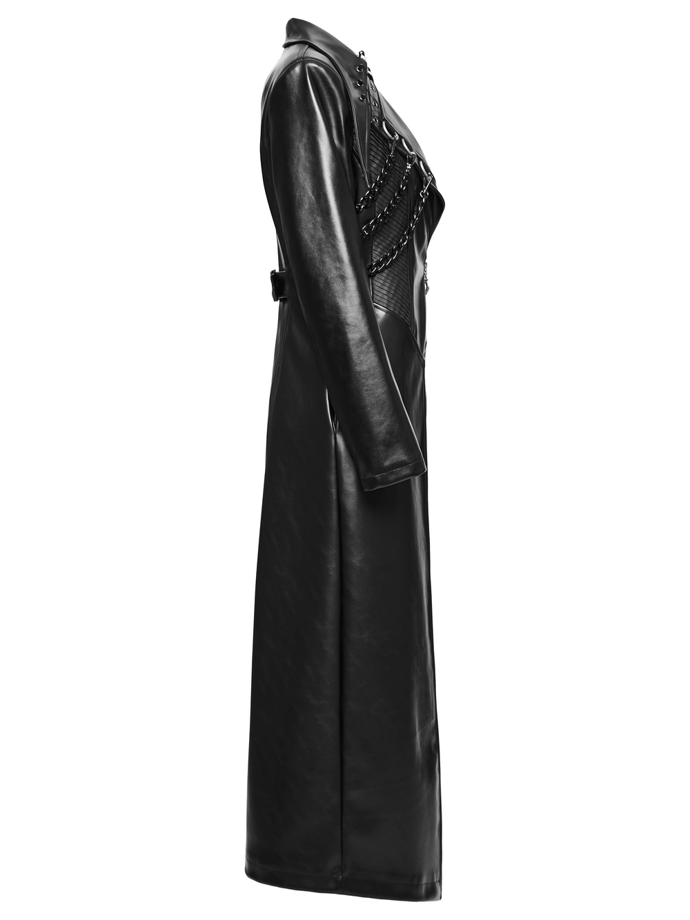 Edgy black PU leather long coat with chains and D-buckles, perfect for a punk fashion statement.