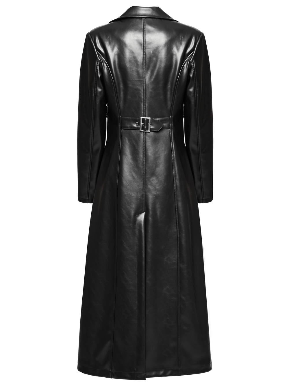 Back view of edgy black PU leather long coat featuring buckle details and a stylish sleek design.