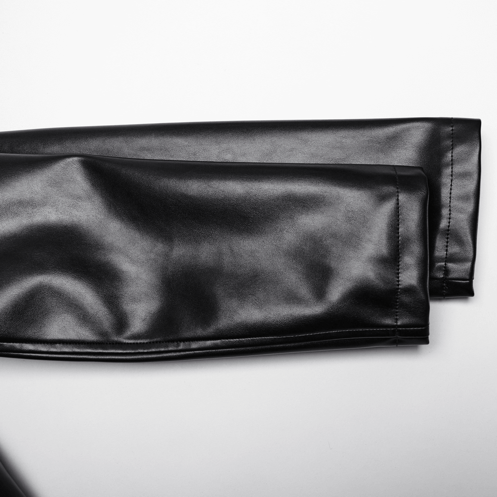 Close-up of black PU leather fabric showcasing a sleek, shiny texture.