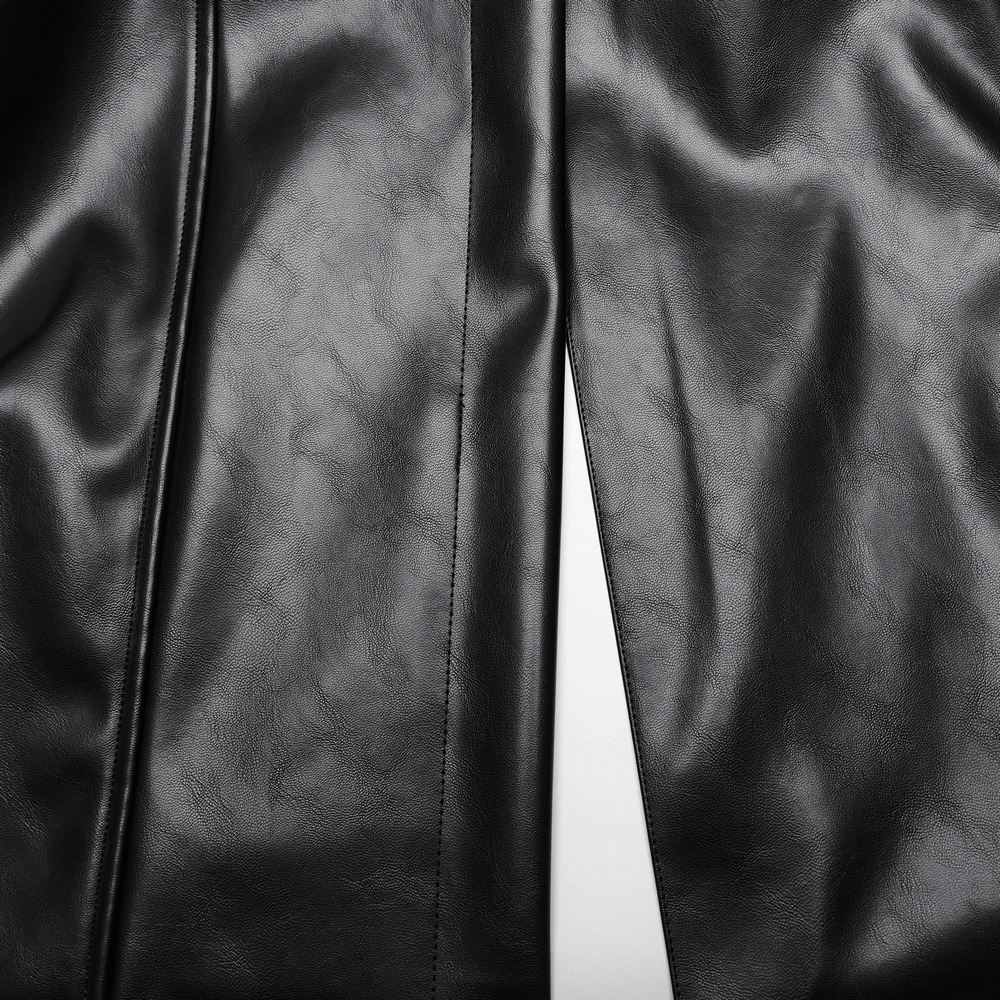 Close-up of black PU leather fabric showcasing sleek texture and tailored cut for edgy punk long coat.