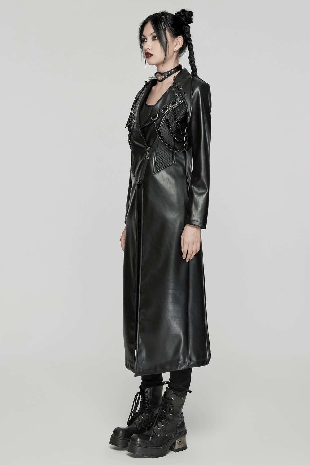 Edgy PU leather long coat with chains and buckles, perfect for a bold punk aesthetic.
