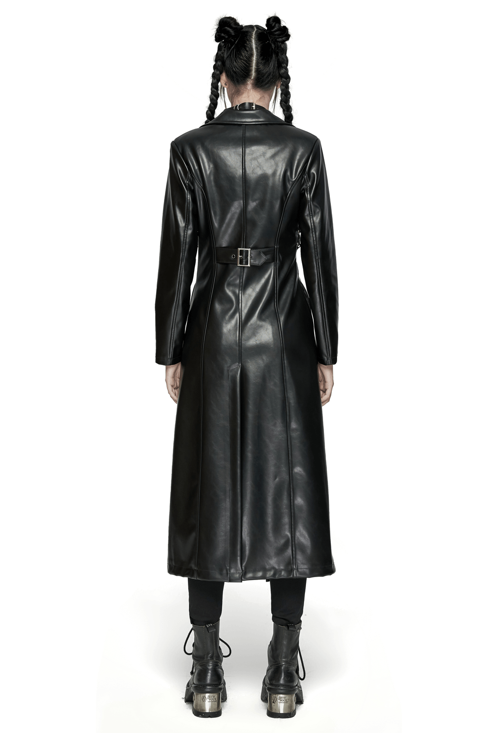Back view of a punk edgy PU leather long coat with D-buckles, chains, and a sleek silhouette, perfect for bold fashion.