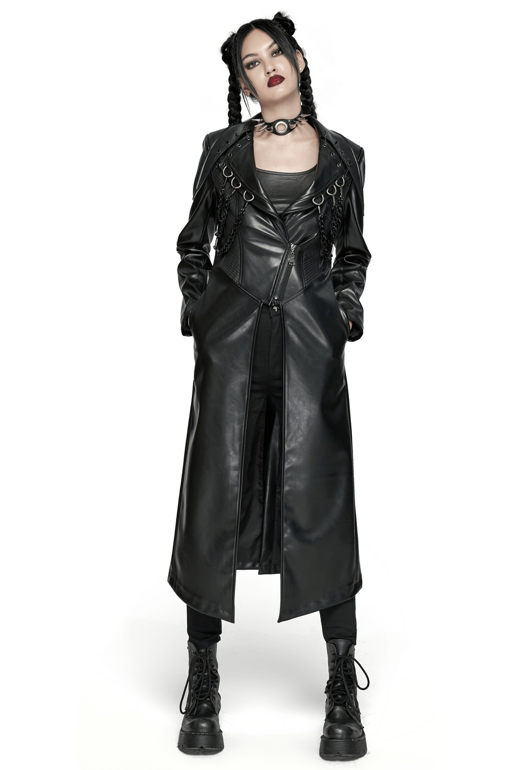 Edgy PU leather long coat with chains and D-buckles, perfect for a punk fashion statement.