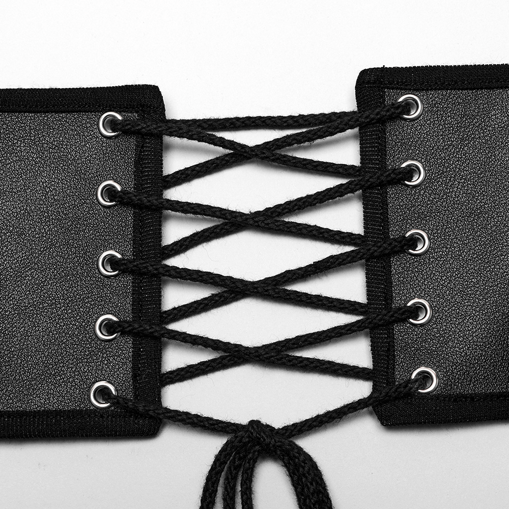 Close-up of edgy PU leather punk belt featuring stylish black laces and eyelets for adjustable fit.