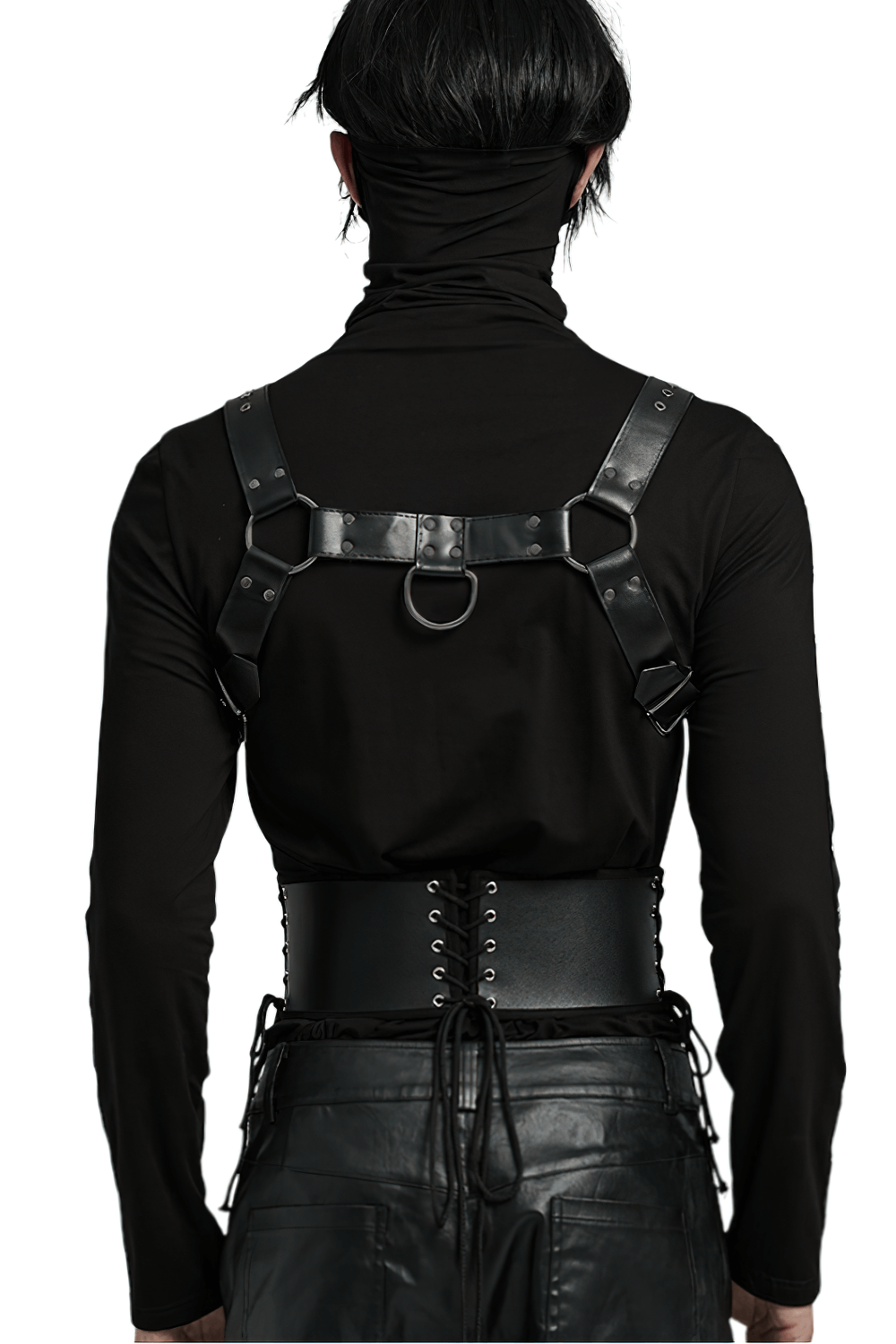 Edgy black PU leather punk belt with buckles and laces worn over a sleek black top, showcasing a stylish look.