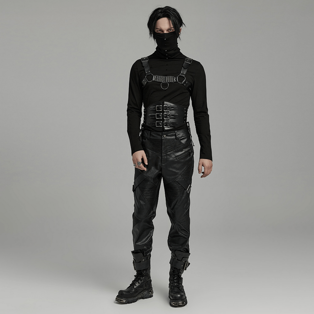 Edgy model wearing a black PU leather punk corset belt and stylish black attire, showcasing bold punk fashion.