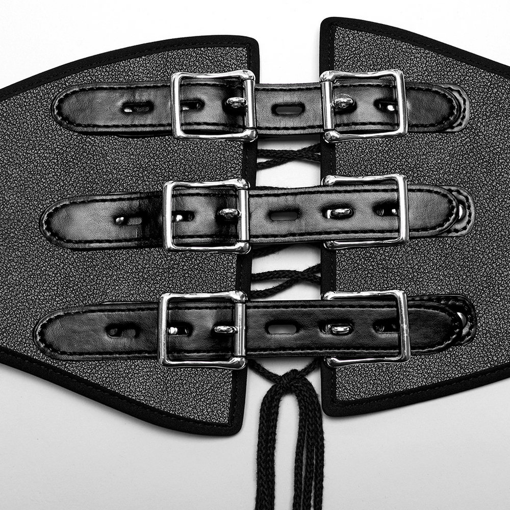 Close-up of an edgy PU leather punk corset belt featuring stylish buckles and laces for a bold look.