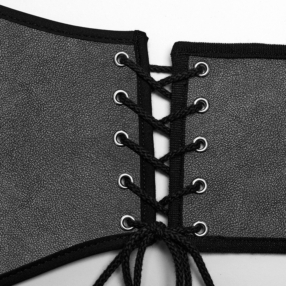 Close-up of a black PU leather punk corset belt with laces and eyelets for adjustable fit, stylish and edgy design.