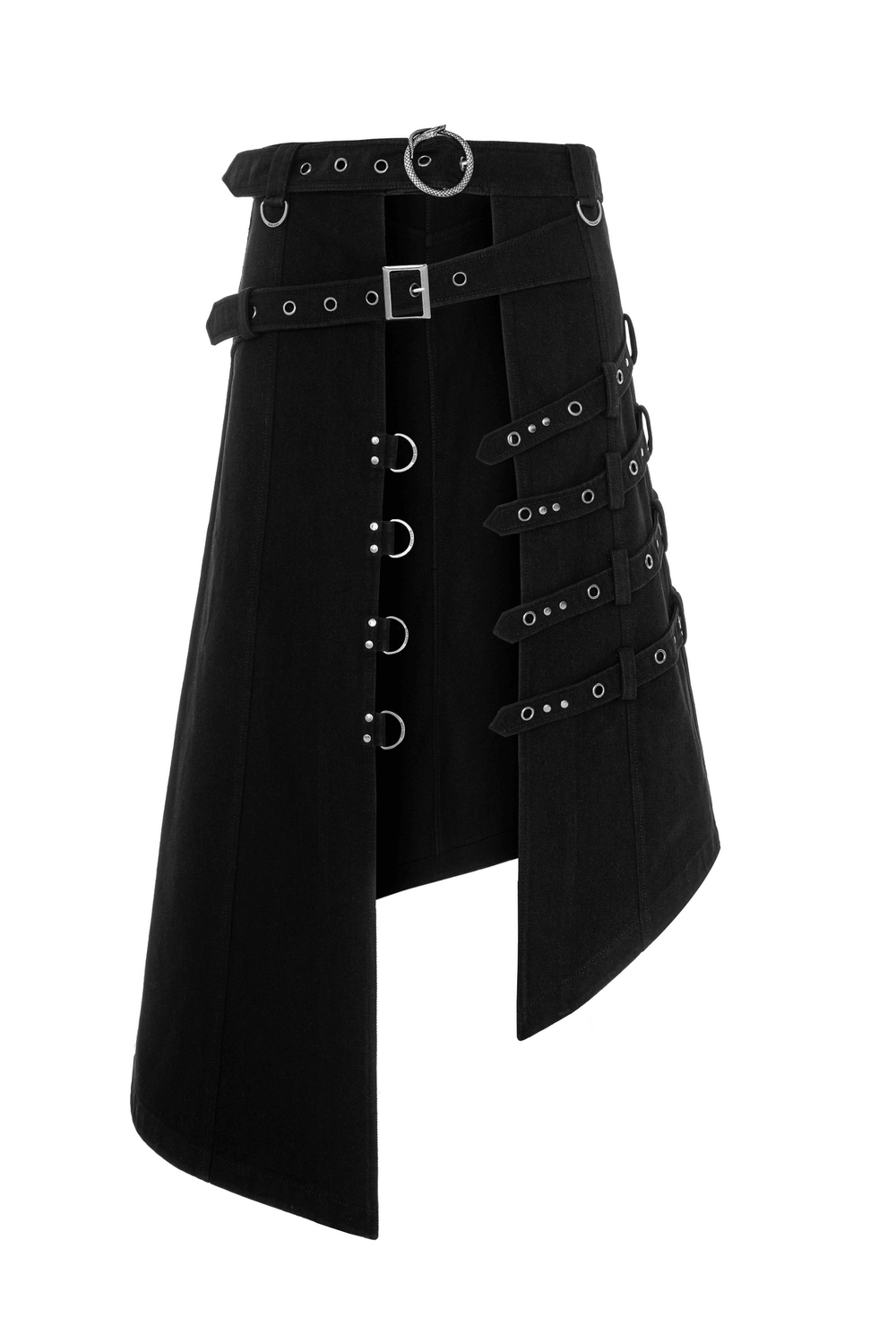 Edgy black punk asymmetric overskirt with stylish buckle detailing and functional back pockets.