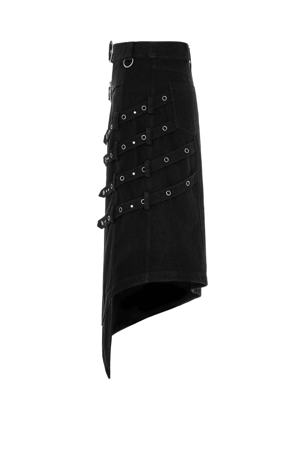Edgy black punk asymmetric overskirt featuring snake buckle details and stylish pockets.