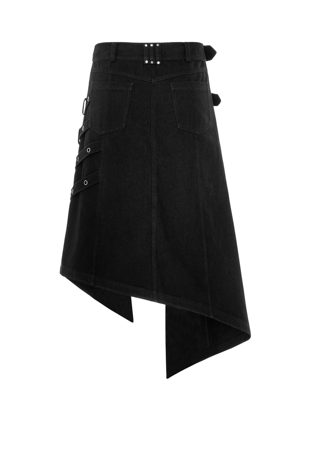 Edgy asymmetric black overskirt with snake buckle, pockets, and modern design for a bold punk fashion statement.