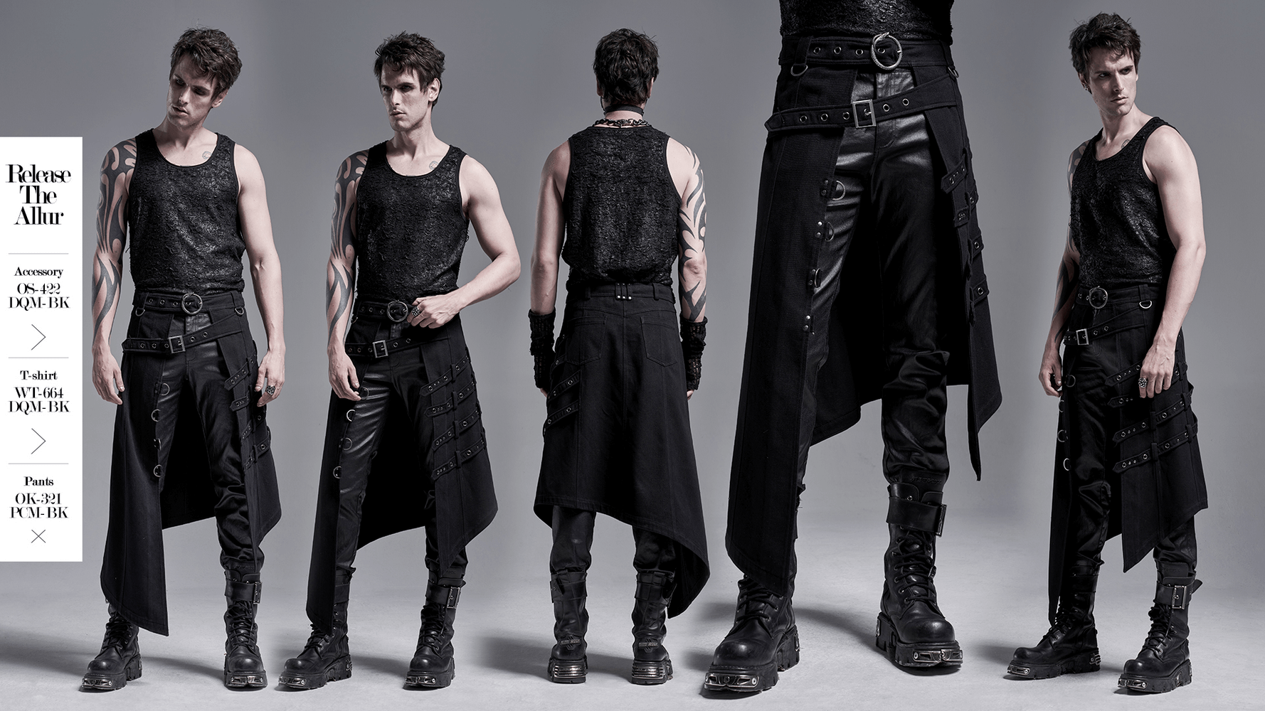 Edgy punk model showcasing asymmetric overskirt with snake buckle, styled with black tank and combat boots.