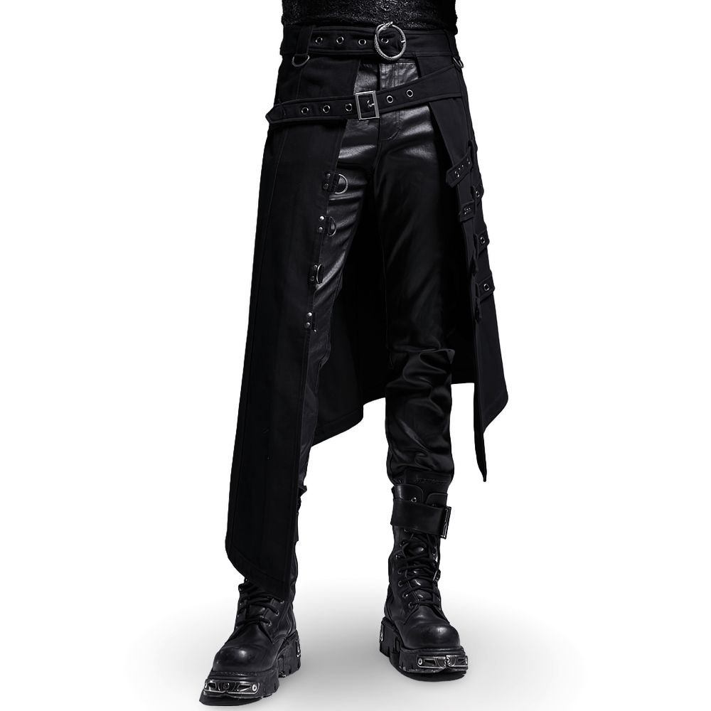 Edgy punk asymmetric overskirt with snake buckle, featuring stylish black fabric and practical pockets.