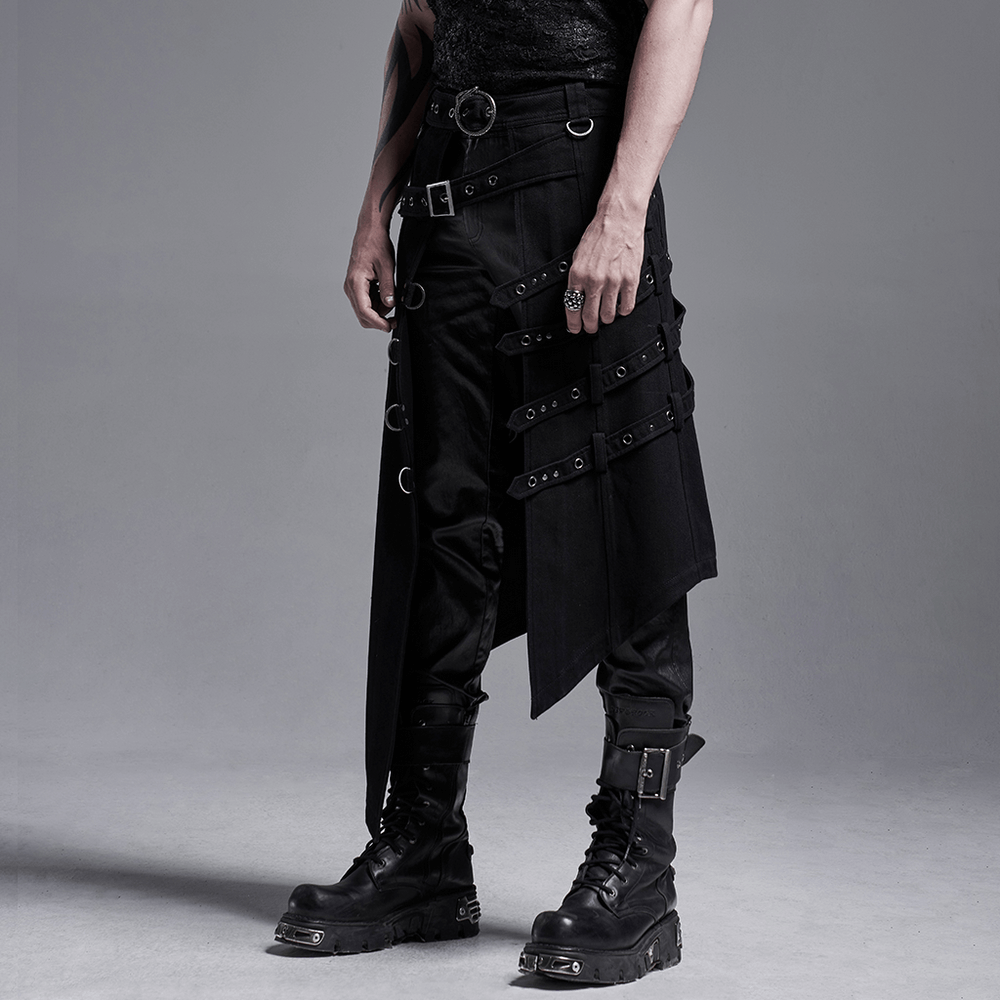 Edgy punk asymmetric overskirt with snake buckle detailing for a bold fashion statement.