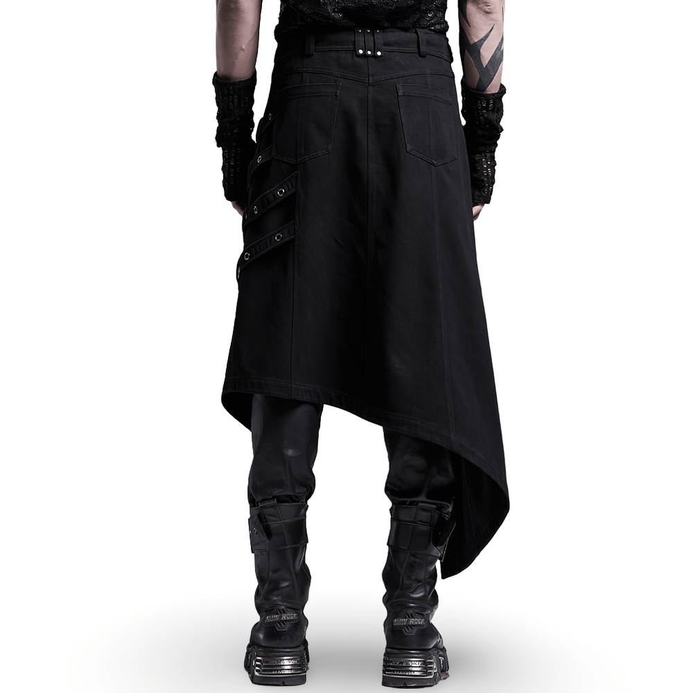Edgy punk asymmetric overskirt with snake buckle detailing, perfect for a bold and stylish statement.