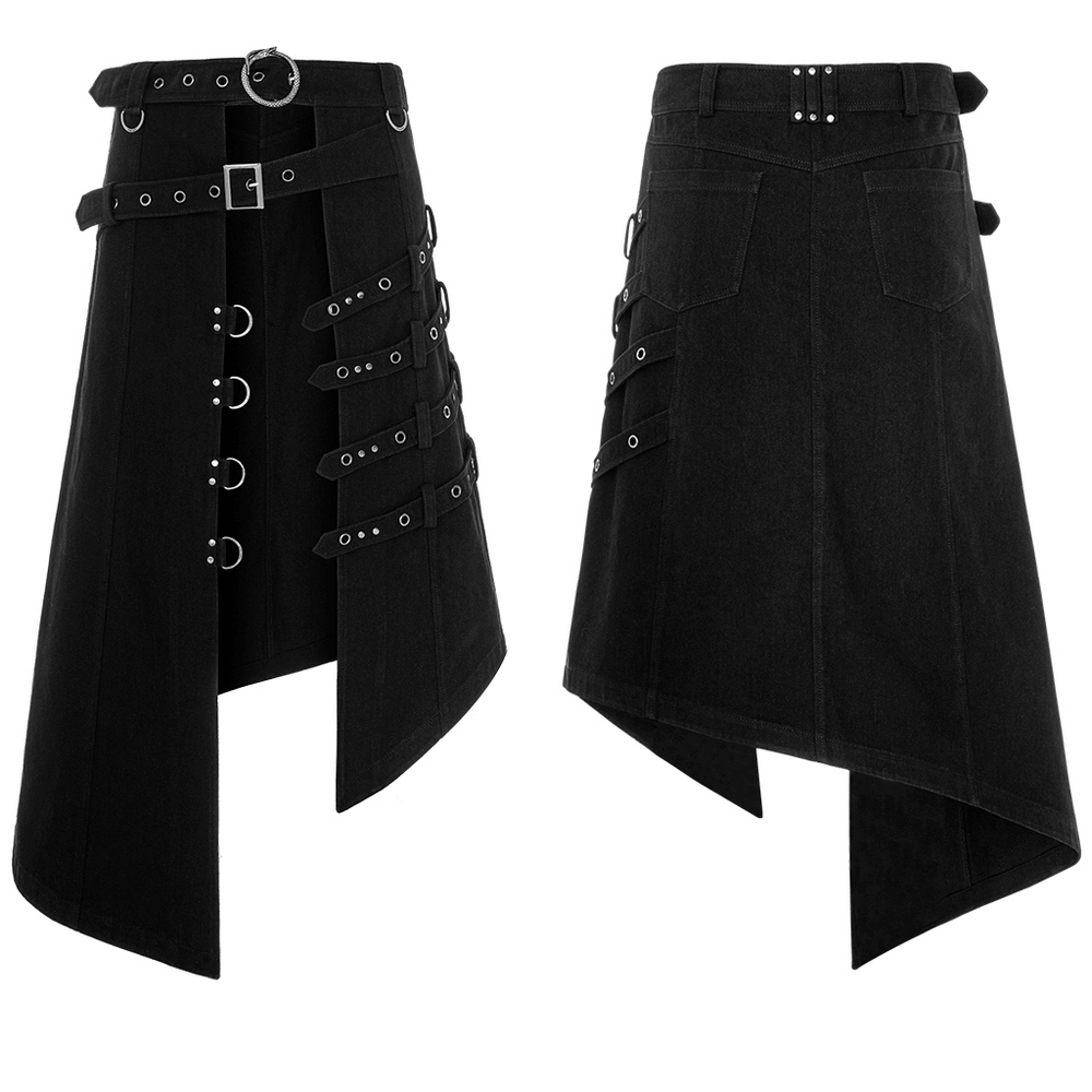 Edgy black punk asymmetric overskirt with snake buckle and practical pockets for a bold fashion statement.