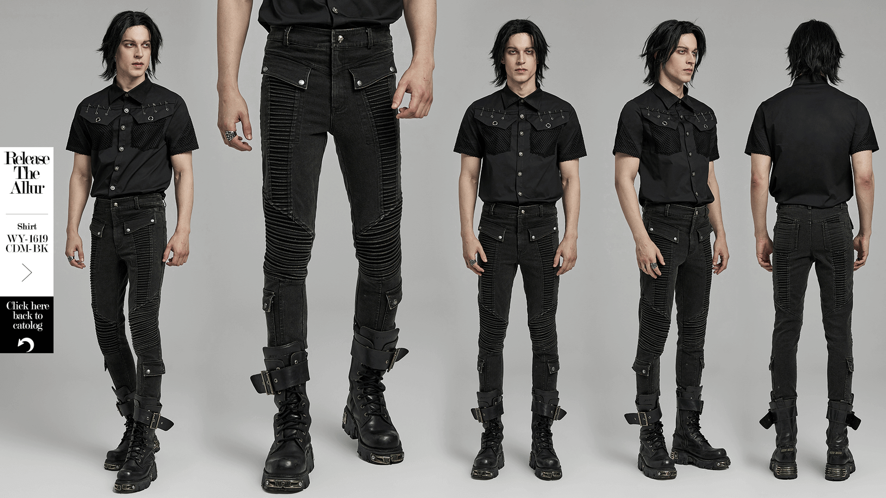 Edgy punk black skinny jeans for men, featuring drawstring and stylish details, perfect for a cool casual look.
