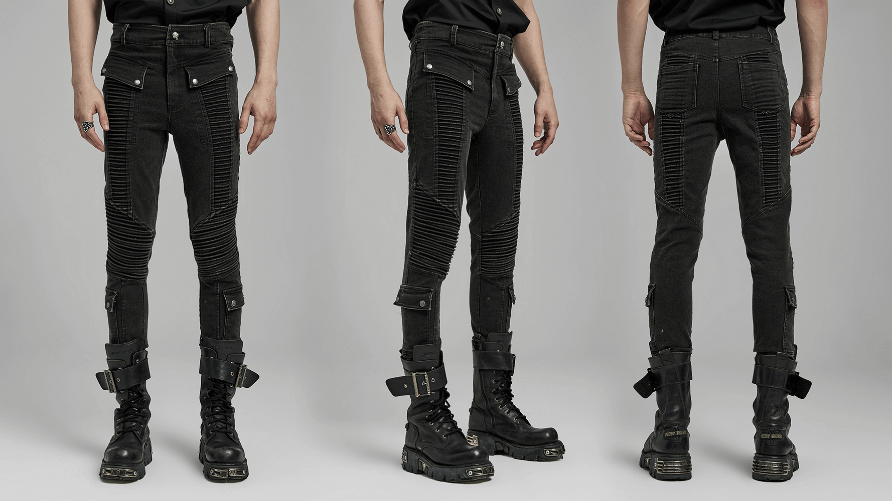 Edgy punk black skinny drawstring jeans for men, featuring stylish design and personalized details.