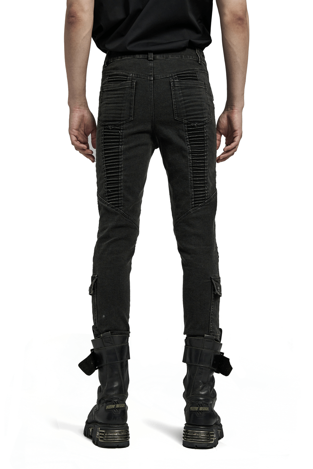 Back view of edgy punk black skinny drawstring jeans for men with unique cargo details.