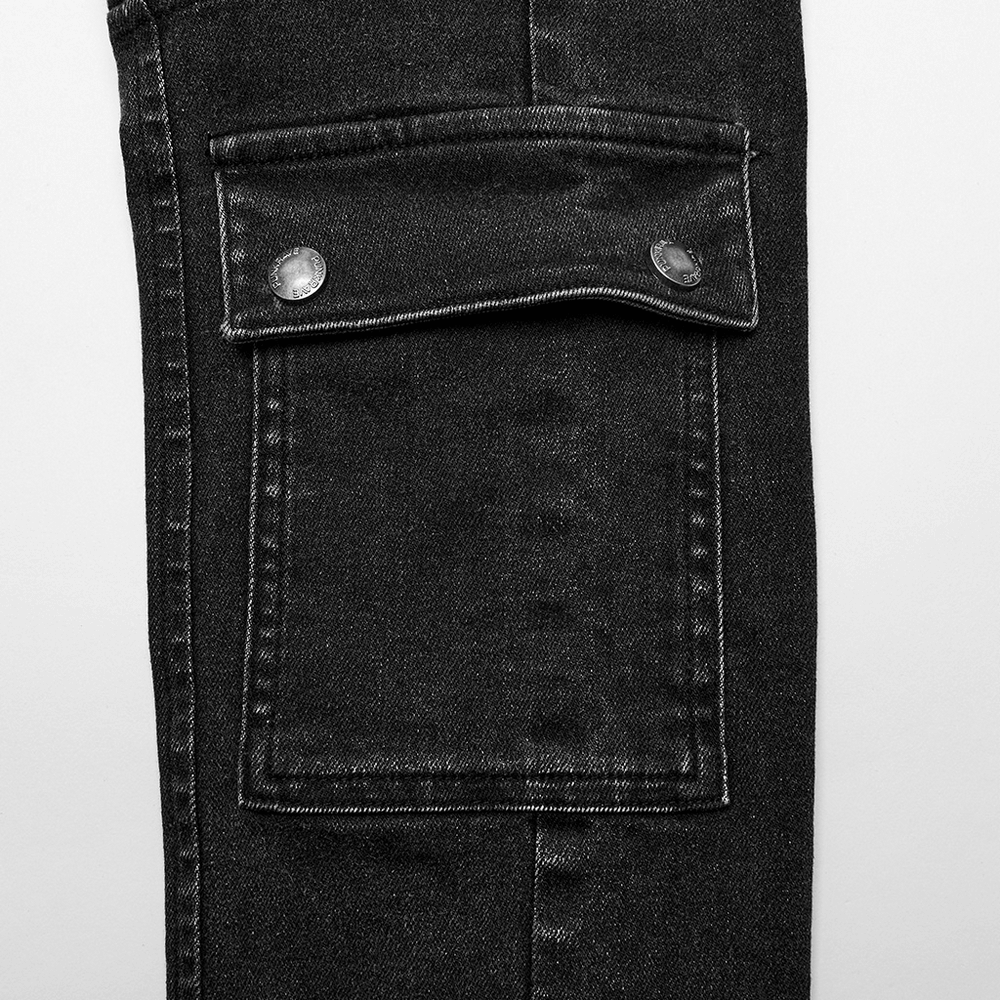 Detail of black skinny drawstring jeans for men showcasing unique pocket design and elastic denim fabric.