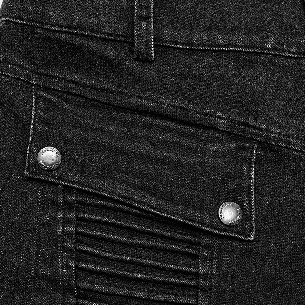 Close-up of edgy black skinny drawstring jeans showcasing unique details and stylish stitch design.