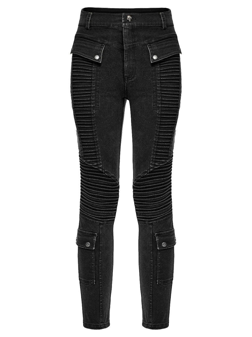 Edgy punk black skinny jeans for men with unique drawstring and stylish ribbed details.