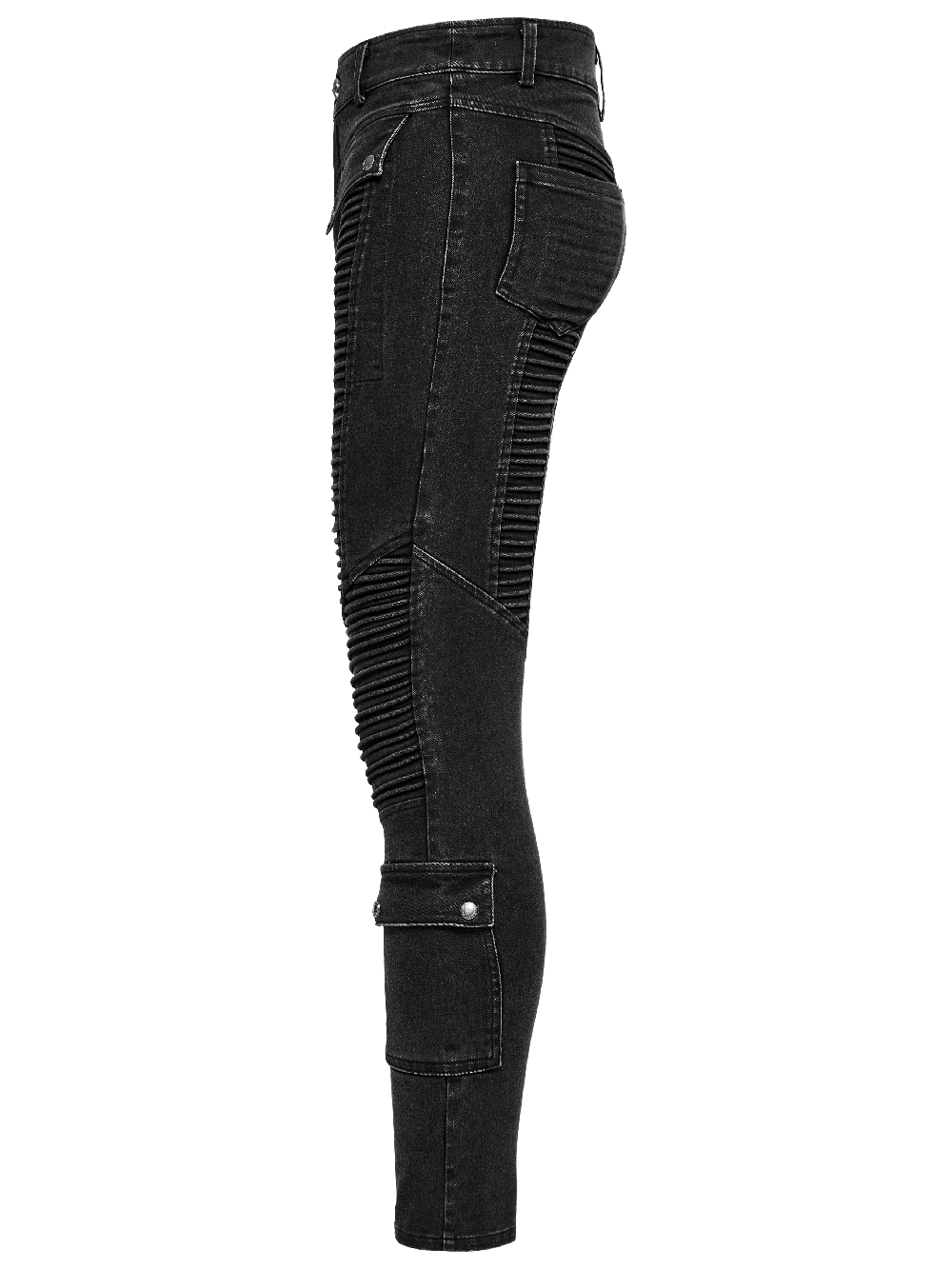 Edgy punk black skinny jeans for men, showcasing unique drawstring design and stylish ribbed detailing.