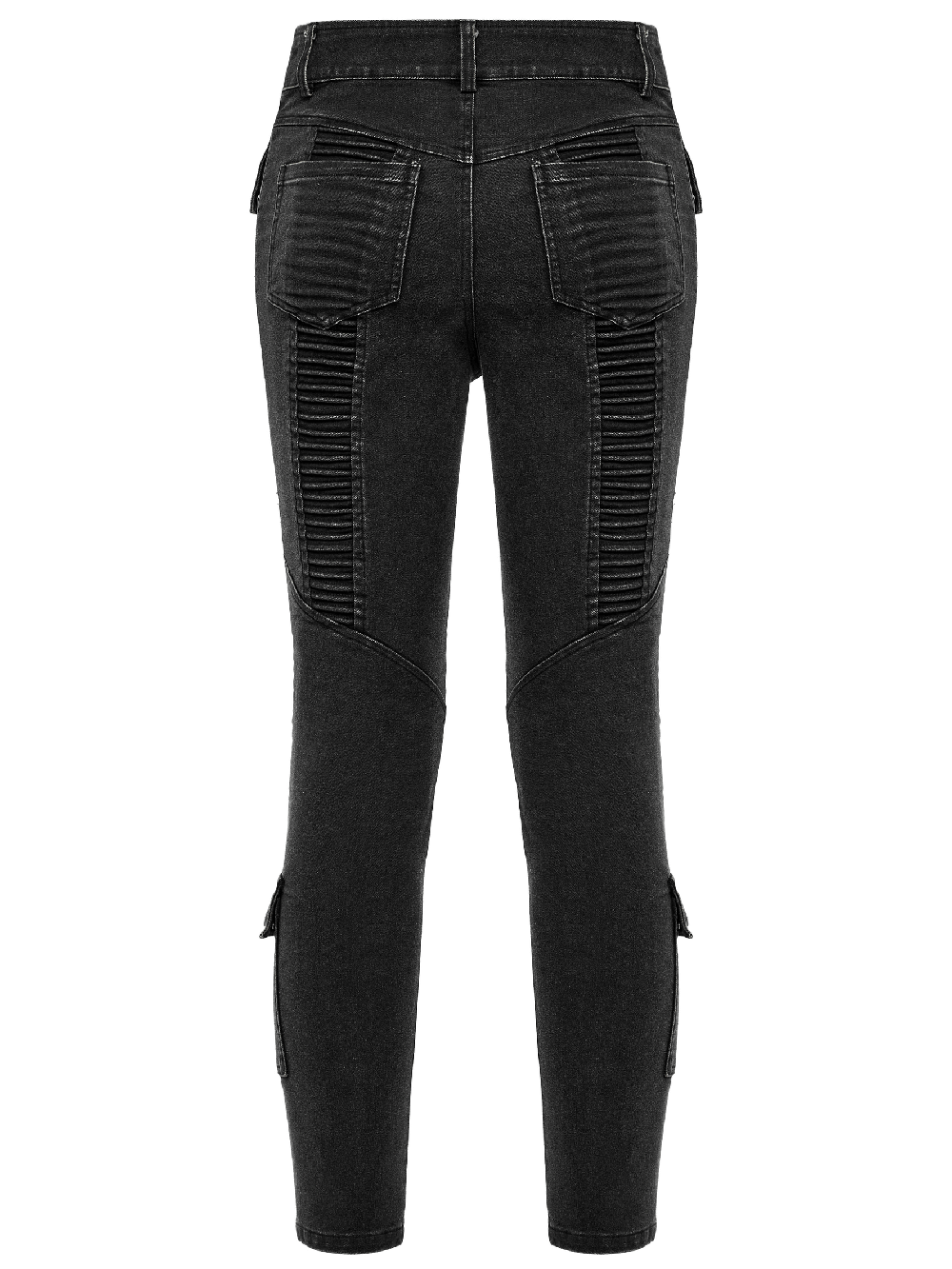 Back view of edgy punk black skinny drawstring jeans for men with unique details and slim fit design.
