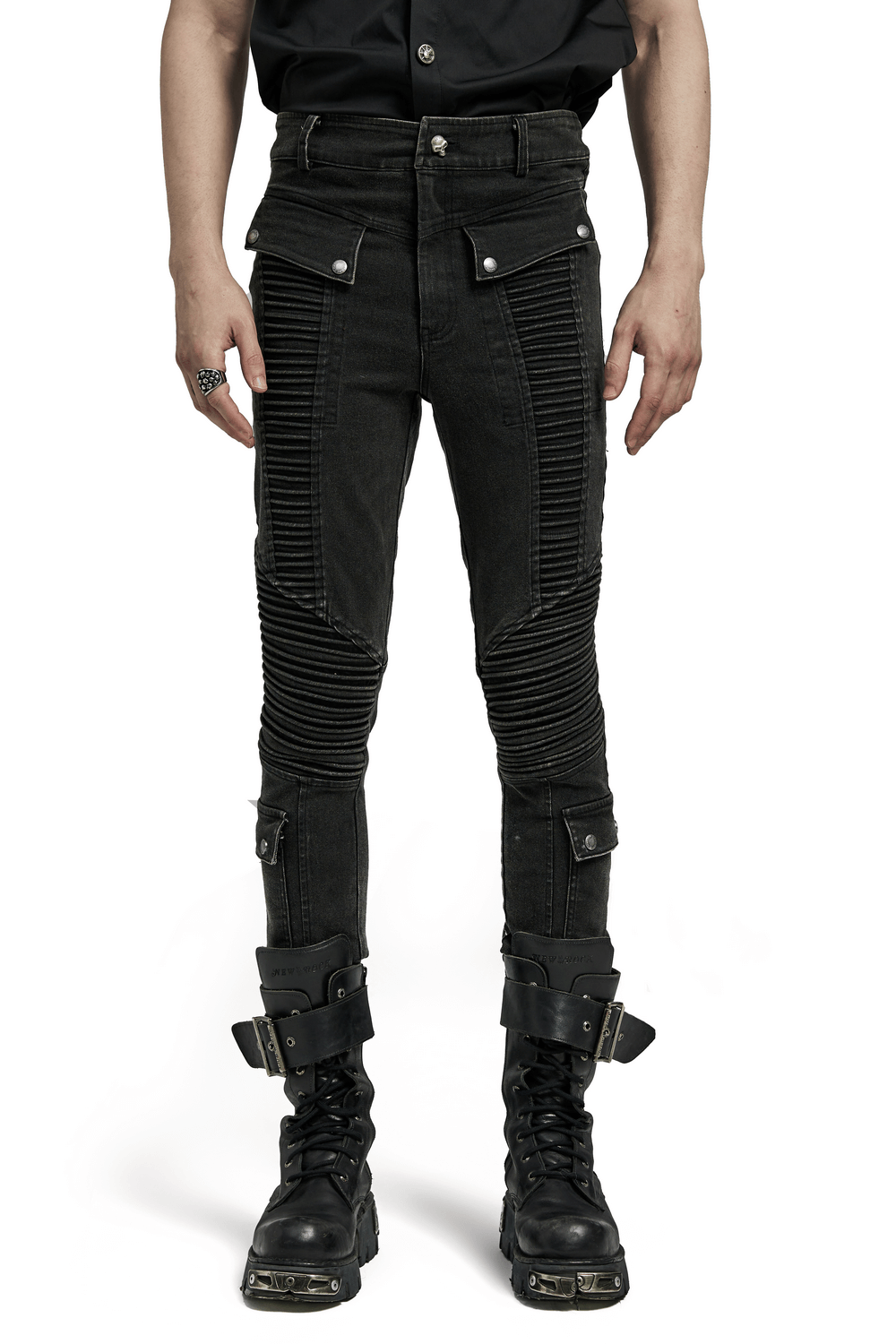 Edgy Punk Black Skinny Drawstring Jeans for Men