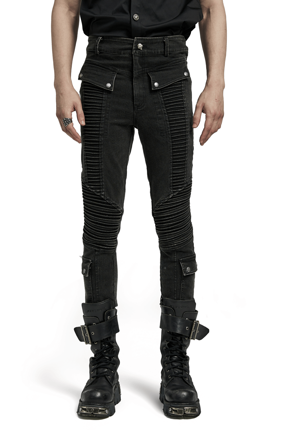 Edgy punk black skinny drawstring jeans for men with unique design and slim fit, showcasing customized details and stylish appeal.