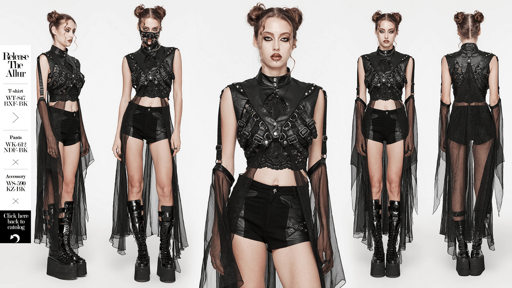 Edgy punk cape outfit featuring adjustable buckles and stylish sheer sleeves for a unique avant-garde look.