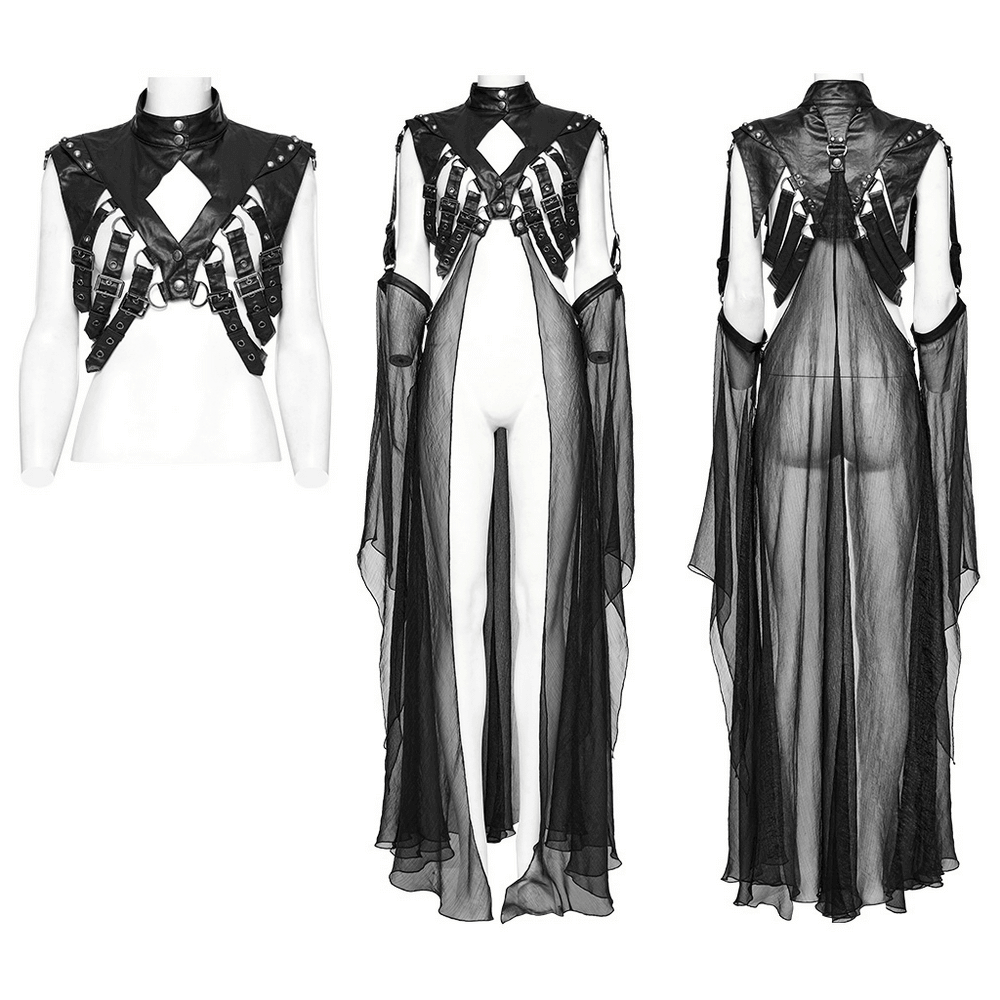 Edgy punk cape featuring adjustable buckles and flowing chiffon sleeves, perfect for a bold alternative look.