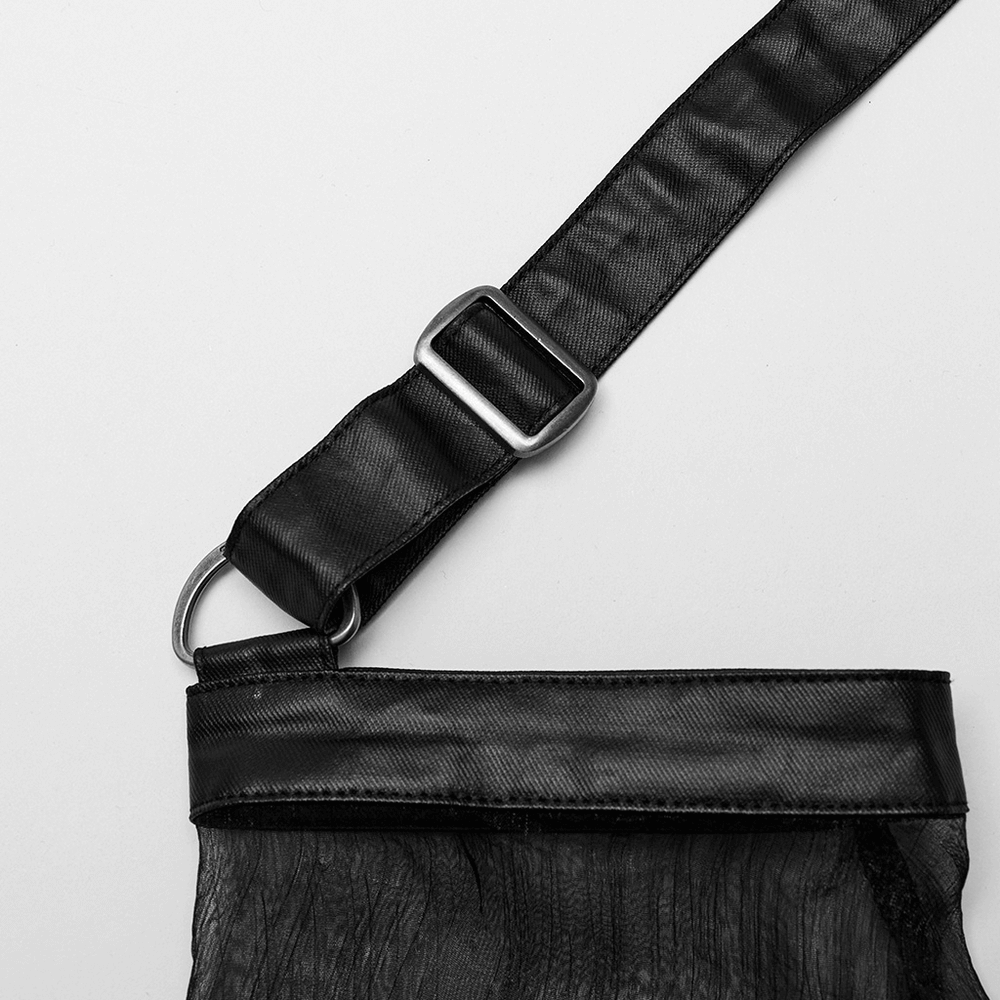 Close-up of adjustable buckle strap on a punk cape, showcasing durable rubberized and chiffon fabric.