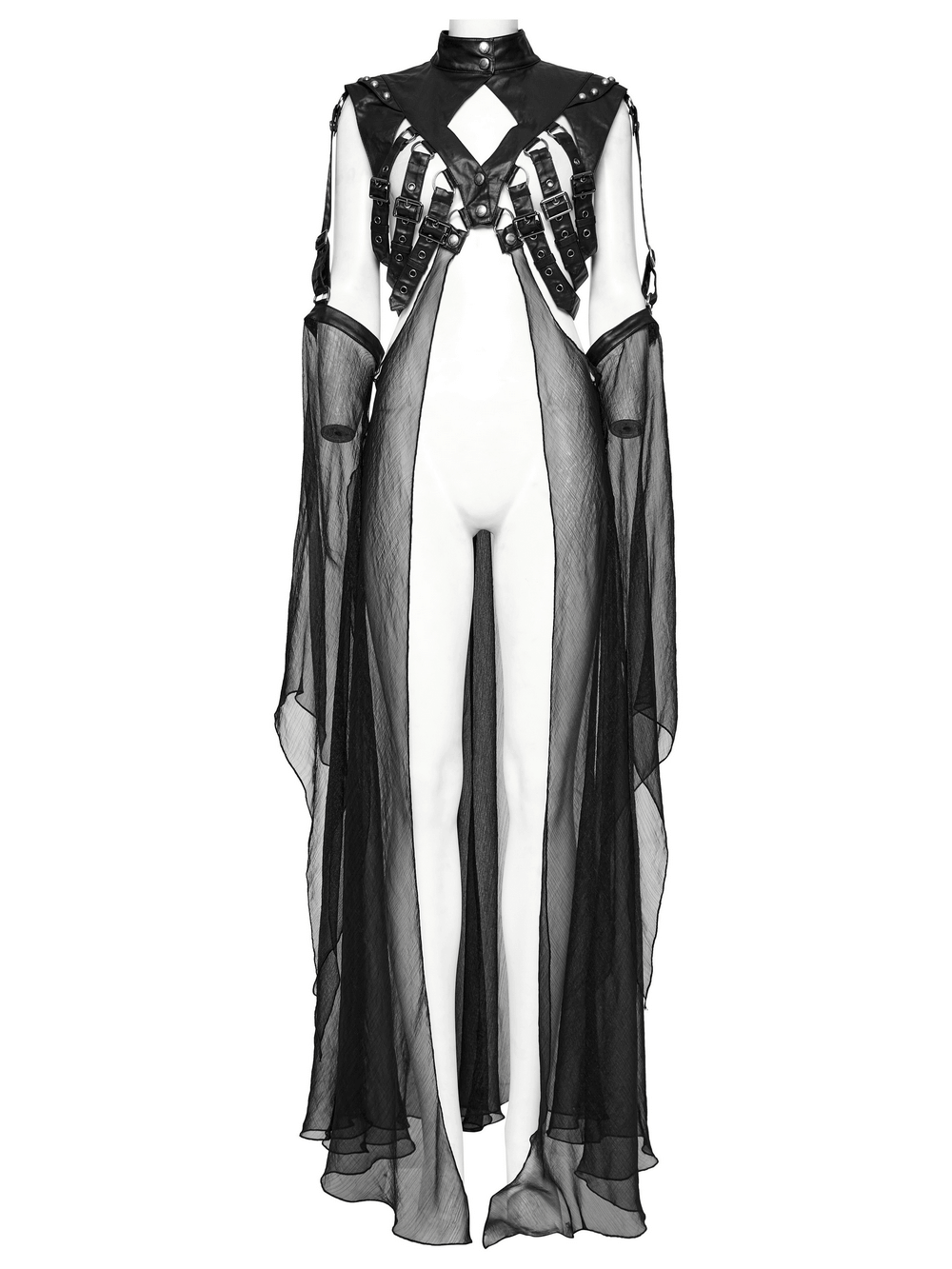 Edgy punk cape with adjustable buckles and flowing chiffon sleeves for a unique avant-garde style.