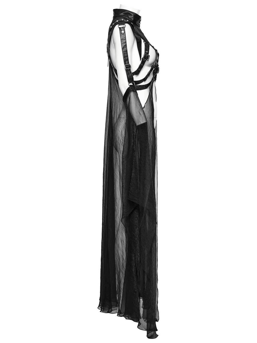 Edgy punk cape with adjustable buckles and chiffon fabric showcasing structural elegance in black.
