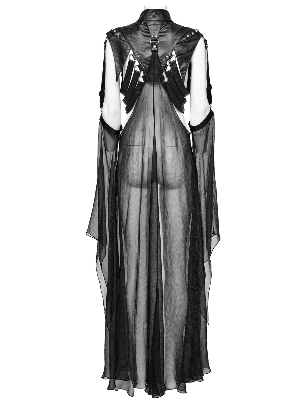 Edgy punk cape showcasing adjustable buckles and flowing chiffon design for a bold avant-garde aesthetic.