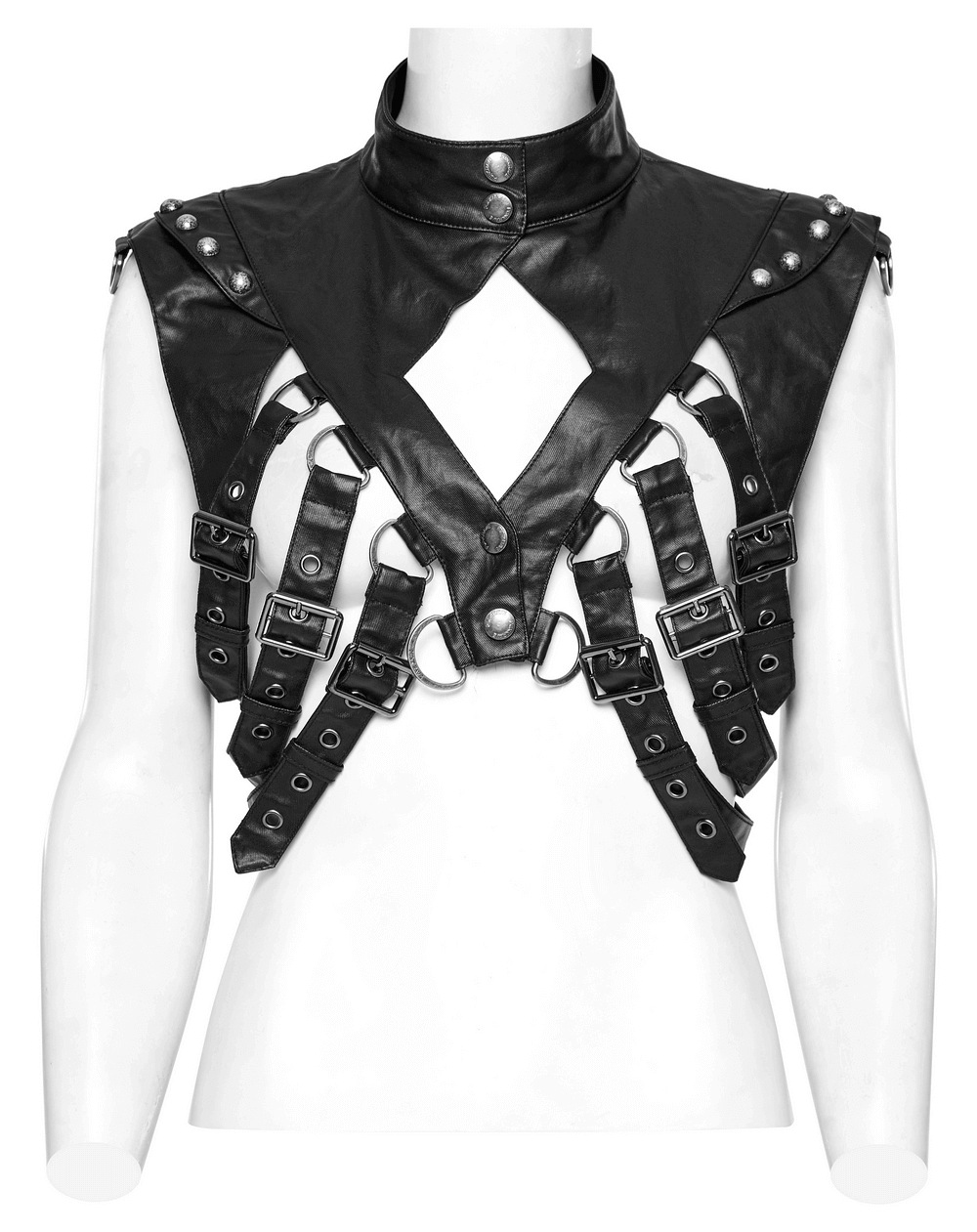 Edgy black punk harness top featuring multiple adjustable straps and bold studded detailing for a fierce look.