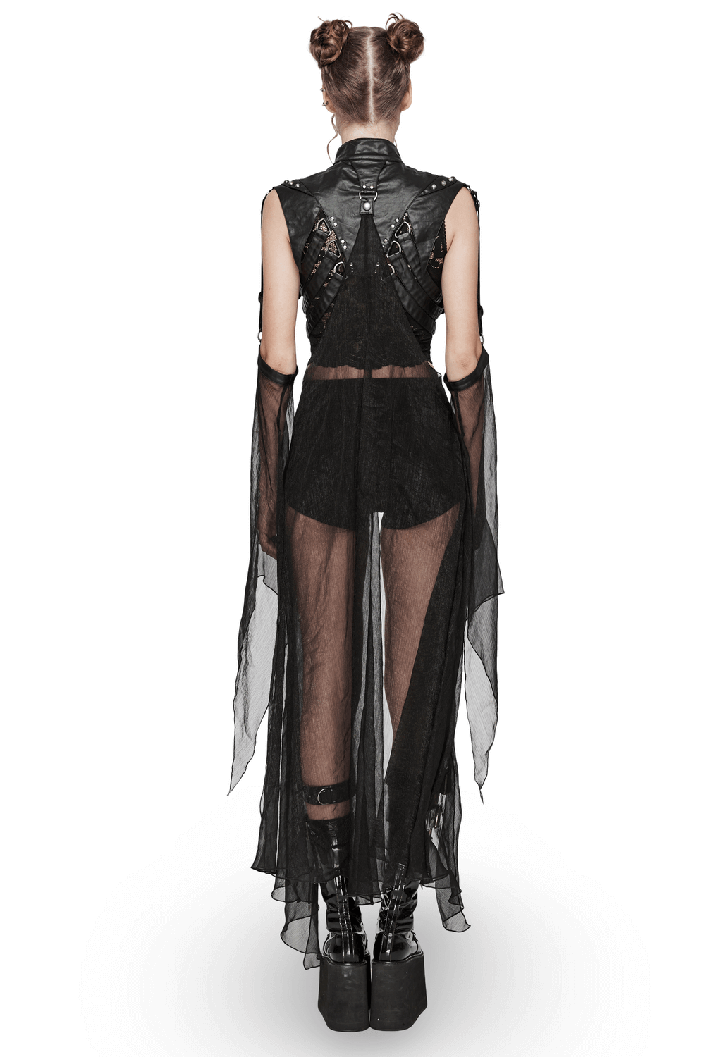 Edgy punk cape with adjustable buckles and sheer sleeves, showcasing a unique, avant-garde design from the back.
