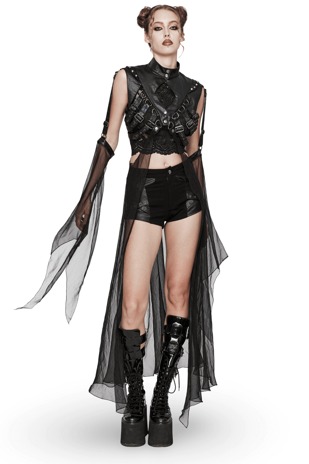 Edgy punk cape with adjustable buckles and flowing chiffon sleeves, perfect for a bold, avant-garde look.