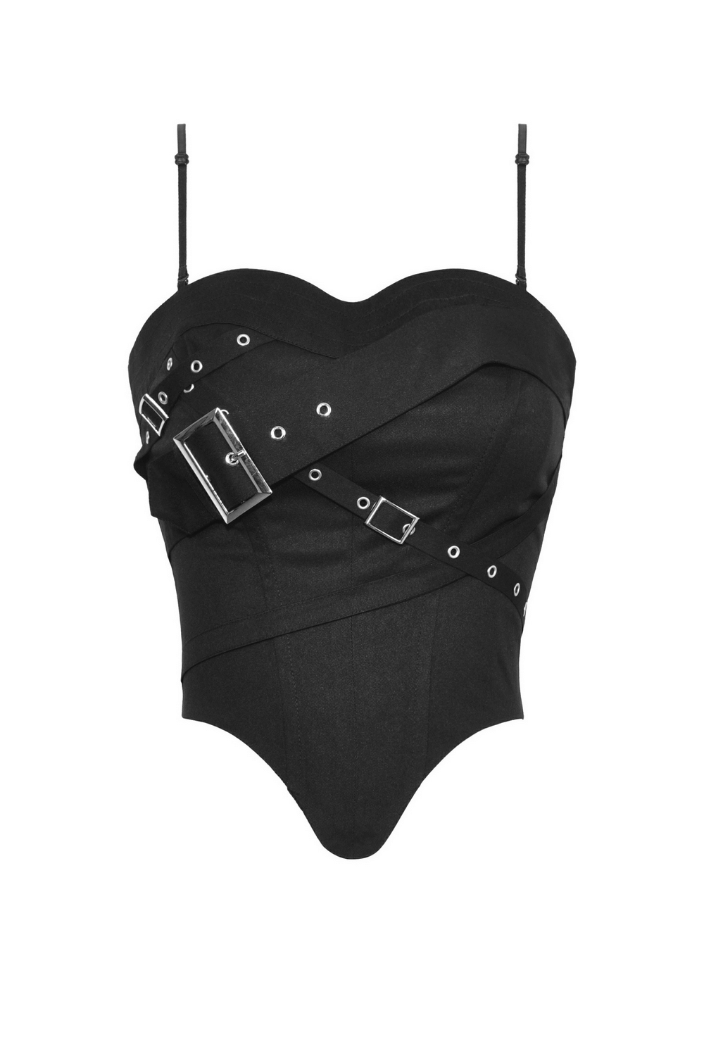 Edgy black corset top with adjustable straps and stylish buckles, perfect for a statement look.