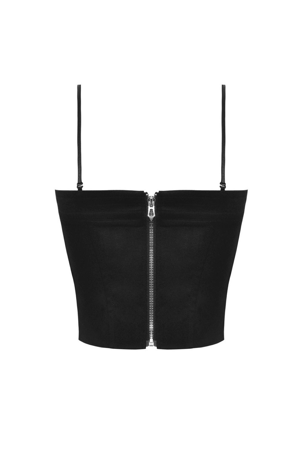Black edgy punk corset top with adjustable straps and zipper for a stylish, custom fit.