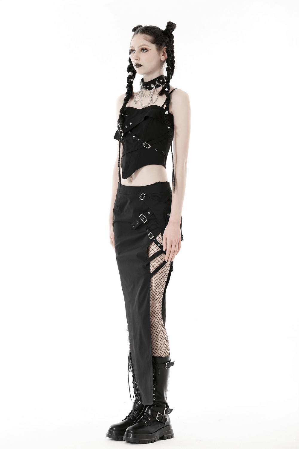 Edgy punk corset top with adjustable straps and buckles, paired with a stylish skirt and black combat boots.