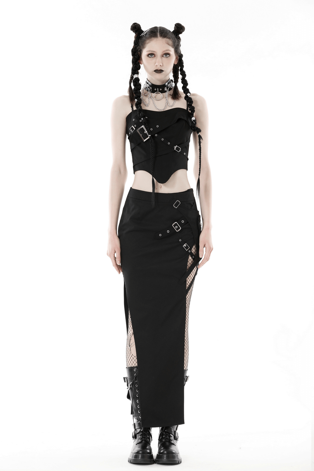 Edgy punk corset top with adjustable straps and buckles, paired with a sleek black skirt for a bold style statement.