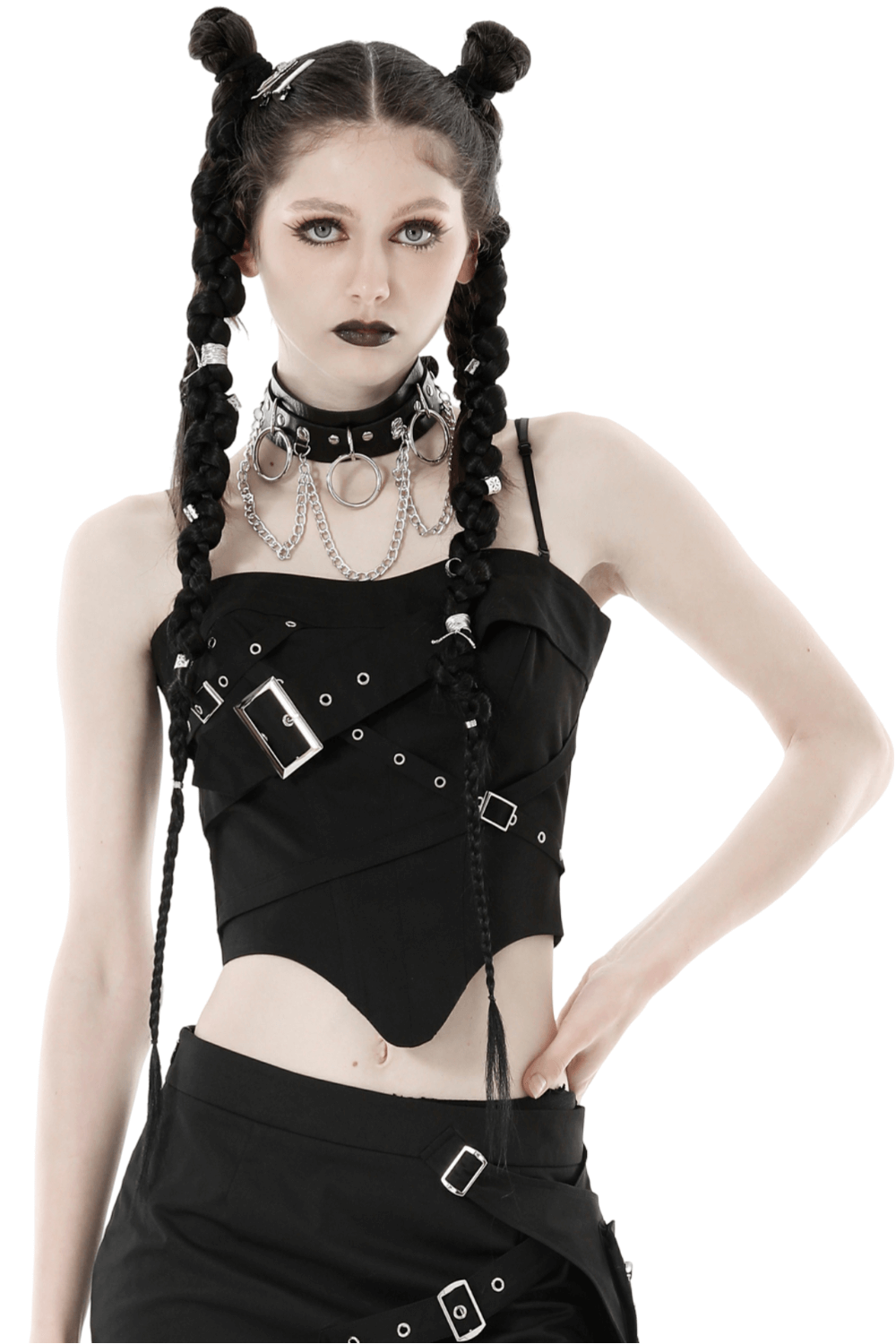 Edgy black corset top with adjustable straps and buckles, styled with braided hair and accessories.